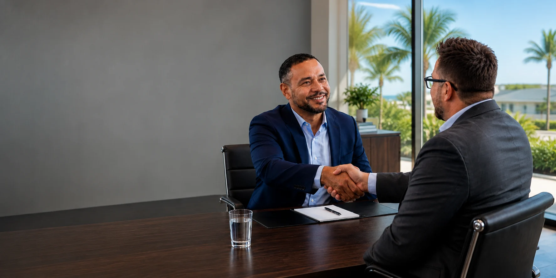 Two business leaders meeting with a Redstone technology advisor in Nassau, The Bahamas